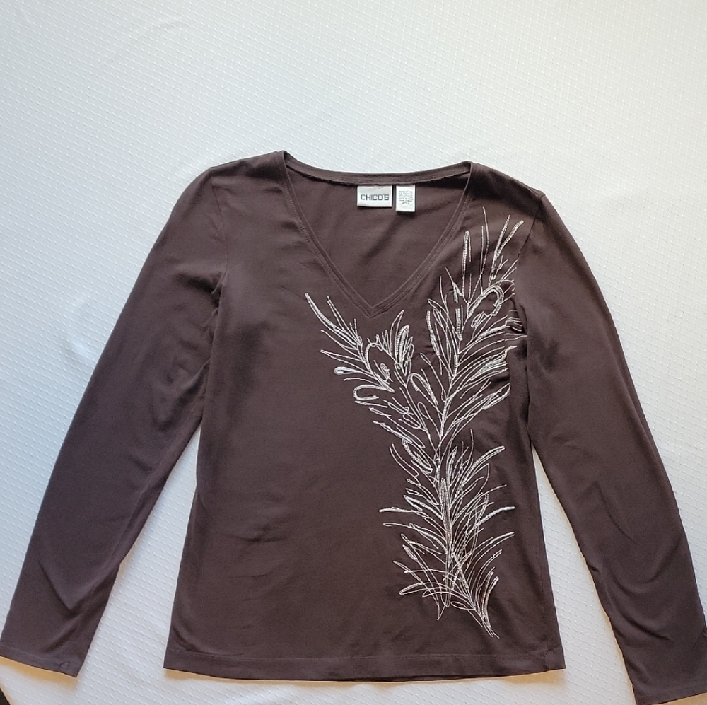 Chico's Elegant Brown Embroidered Long Sleeve Top